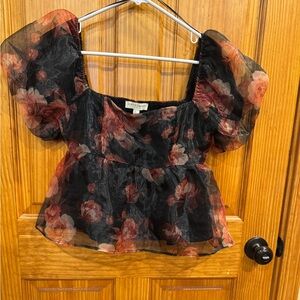 NWT Thirty/Thirty LA Black Floral Puff Sleeve Chiffon Babydoll Top, Large